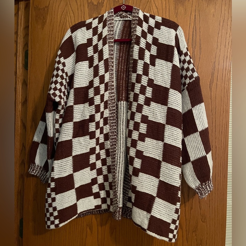 Brown and White Checkered Cardigan